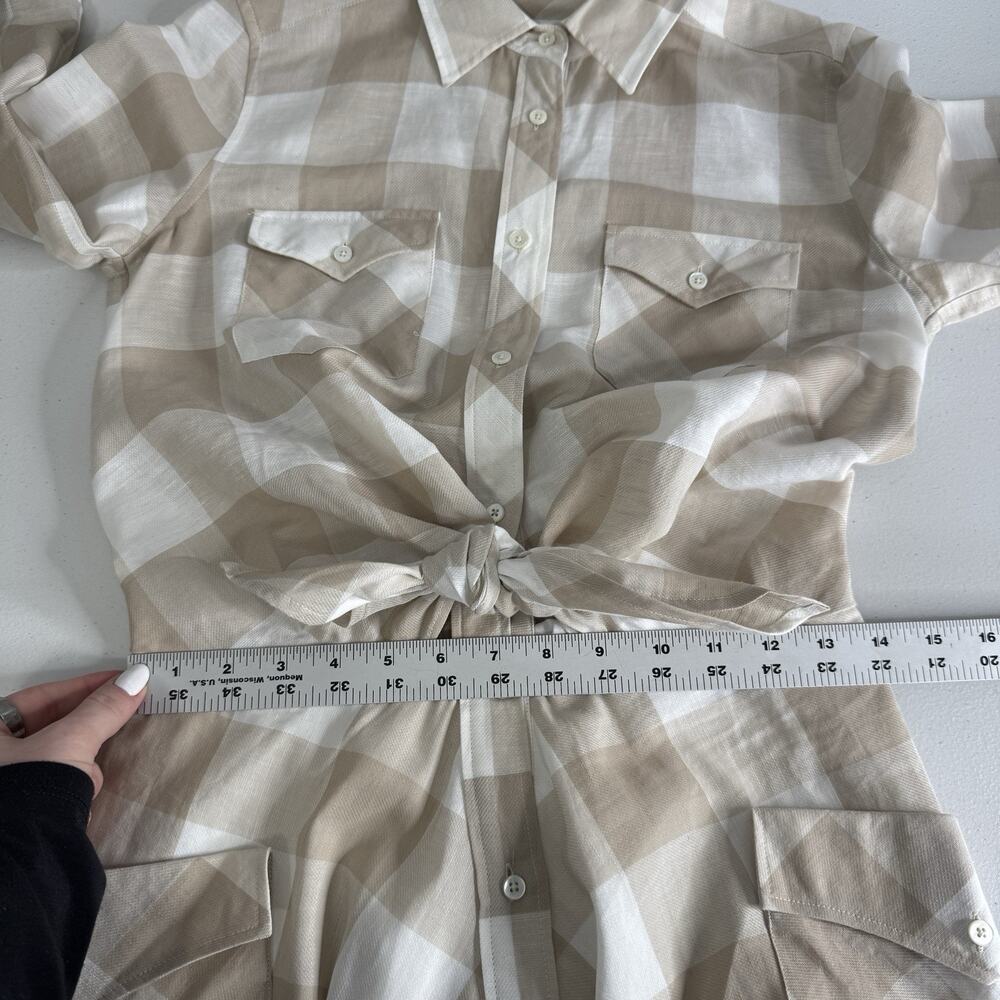 Sara Roka Drake Belted Dress‎ Womens 40 Beige Linen Gingham Shirt Midi Cottage - Picture 10 of 16